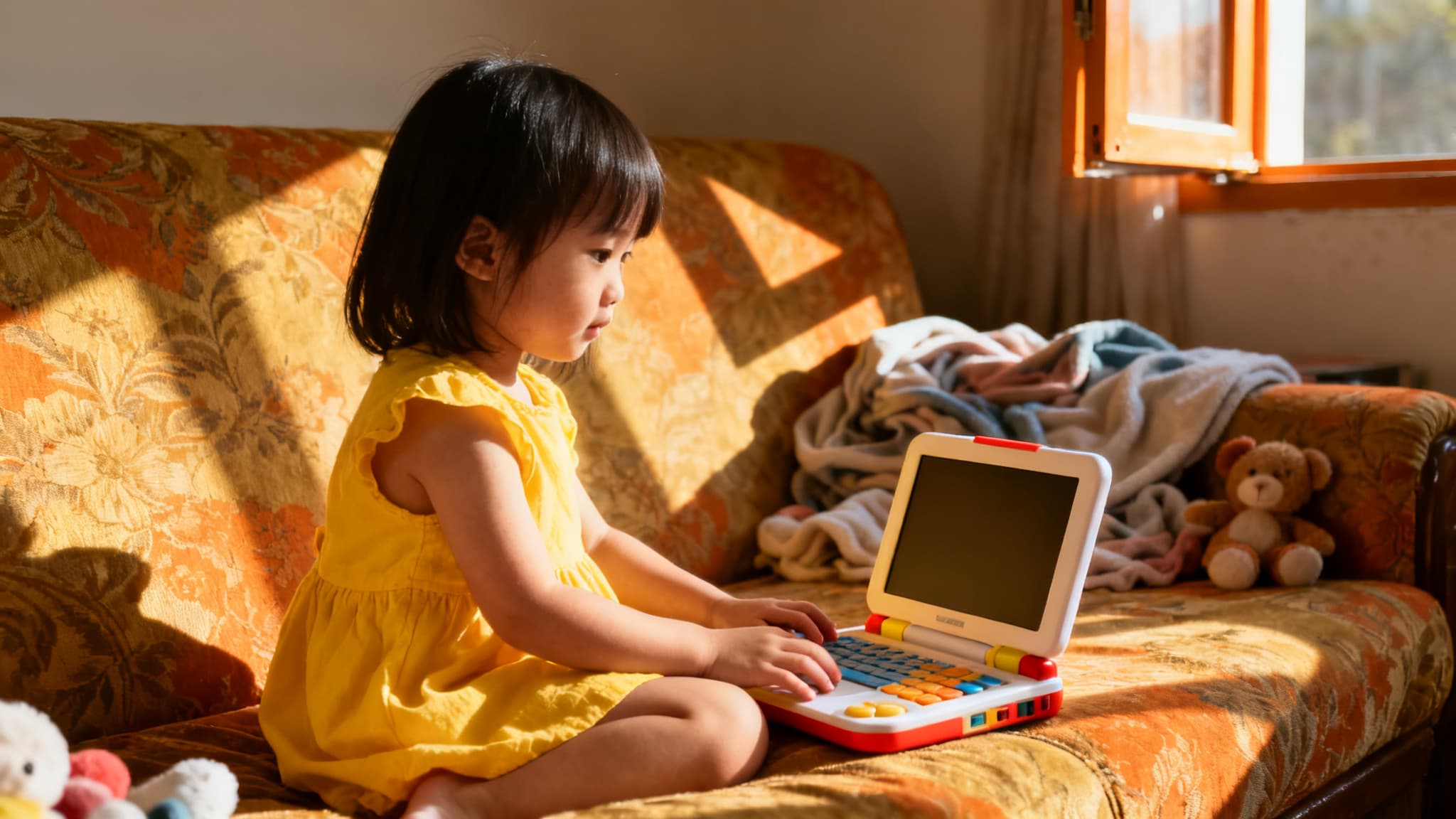 A young child interacts with AI learning software on a tablet for preschoolers.